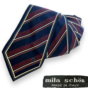 1980's MILA SCHON Italy pure silk blue red polka dot thin tie